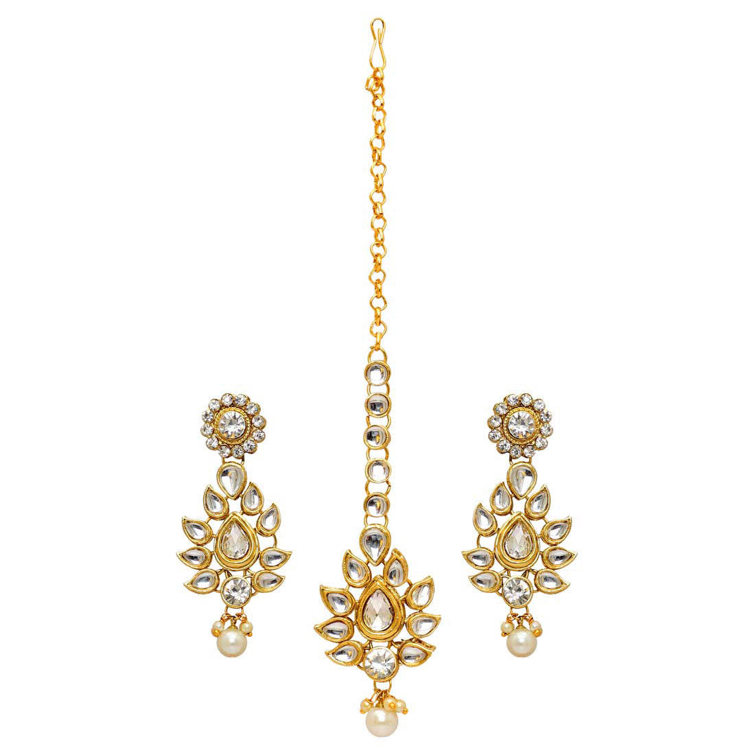 White Color Imitation Pearl & Kundan Necklace With Earrings & Maang Tikka (KN163WHT)