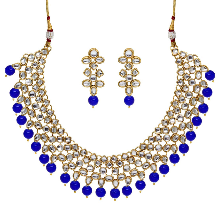 Blue Color Imitation Pearl Kundan Necklace With Earrings (KN183BLU)