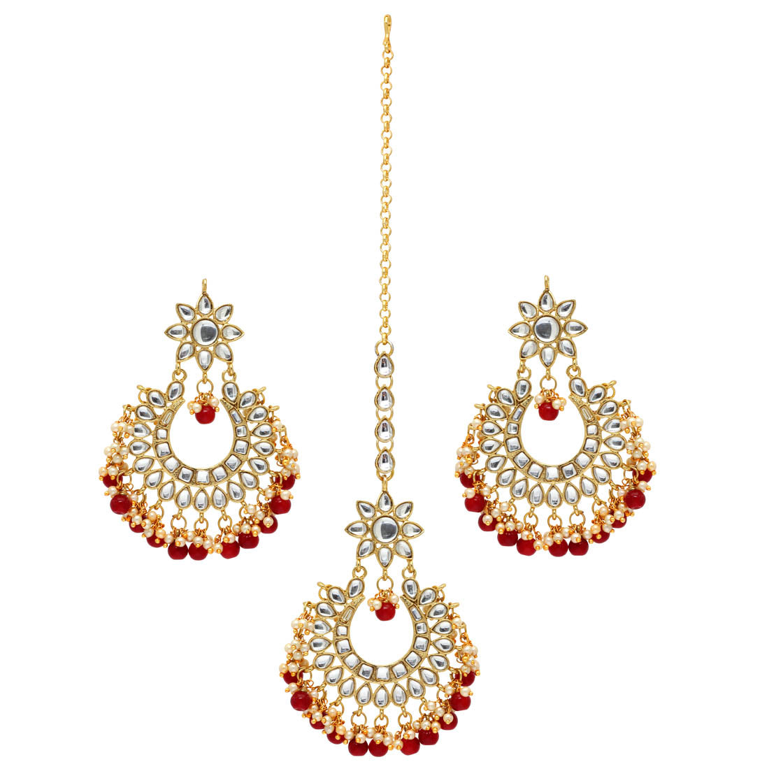 Maroon Color Imitation Pearl Kundan Necklace With Earrings & Maang Tikka For Women (KN197MRN)