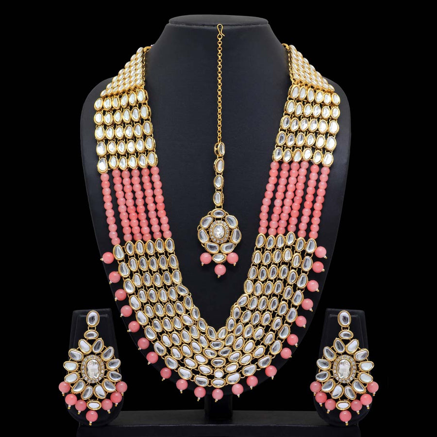 Peach Color Kundan Necklace With Earrings & Maang Tikka (KN202PCH)