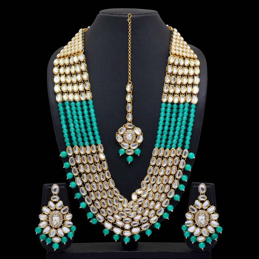 Rama Green Color Kundan Necklace With Earrings & Maang Tikka (KN202RGRN)