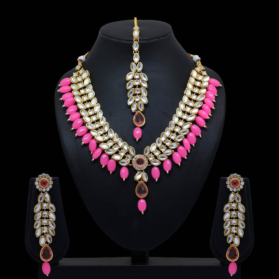 Pink Color Kundan Necklace With Earrings & Maang Tikka (KN209PNK)