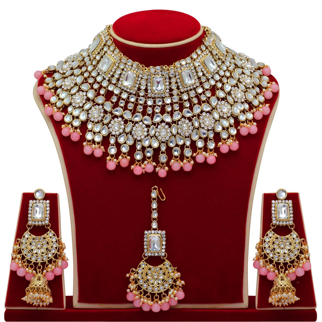Peach Color Kundan Bridal Necklace With Earrings & Maang Tikka (KN222PCH)
