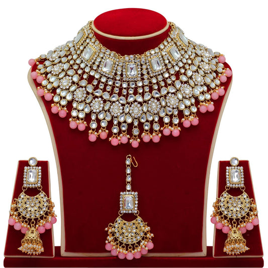 Peach Color Kundan Bridal Necklace With Earrings & Maang Tikka (KN222PCH)