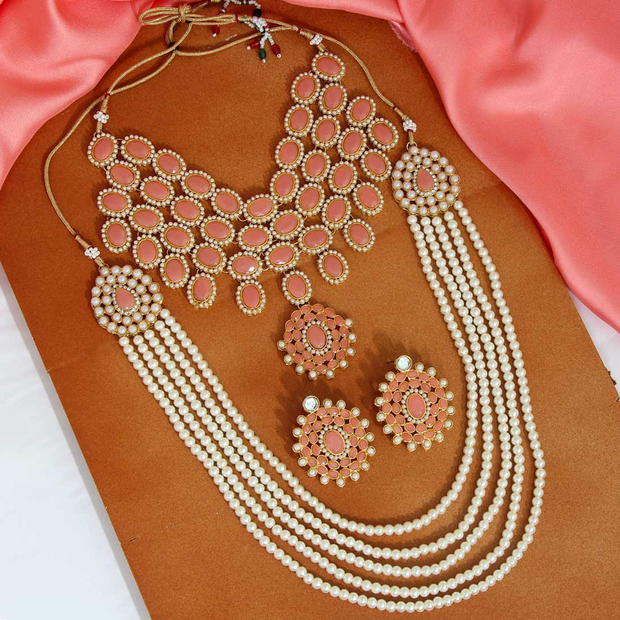 Peach Color Kundan Necklace With Earrings (KN223PCH)