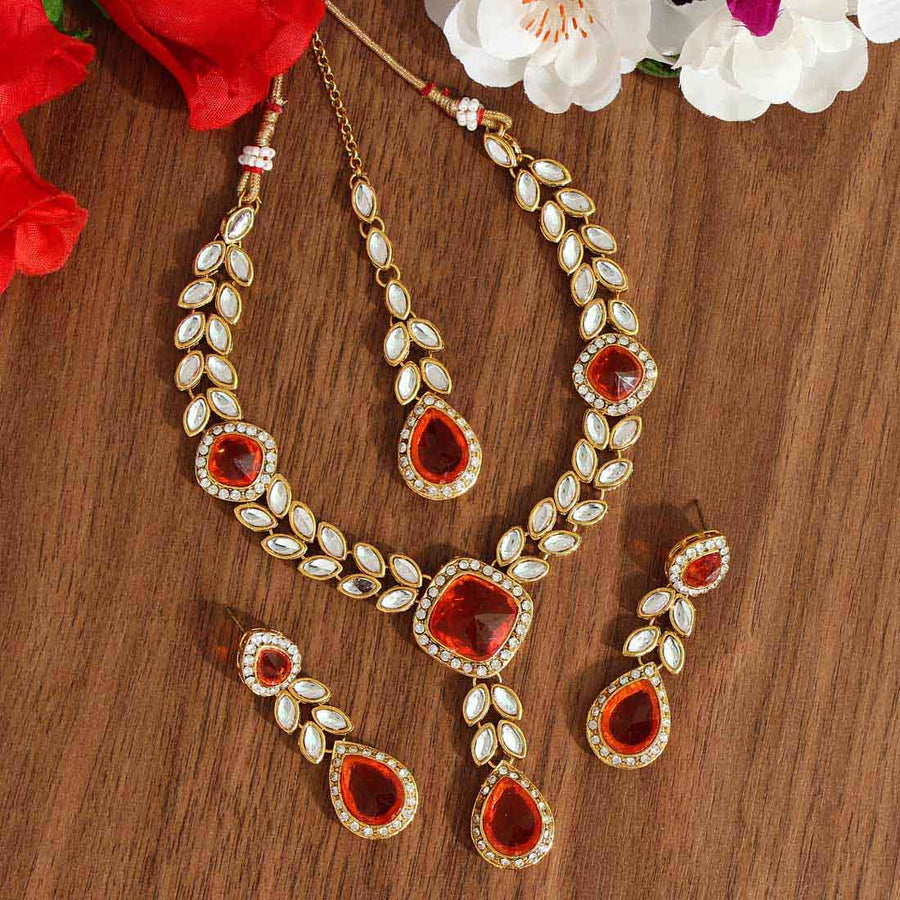 Orange Color Kundan Necklace Set (KN794ORG)