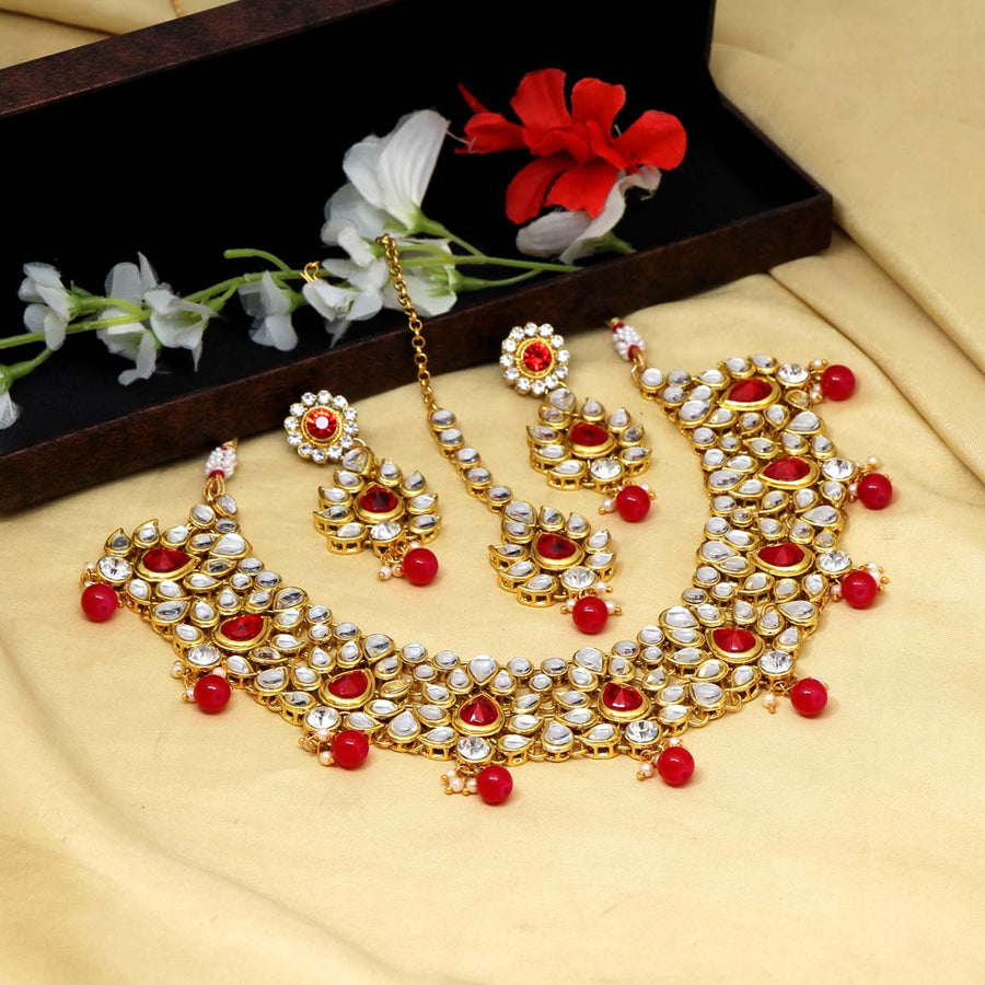 Red Color Kundan Necklace Set (KN811RED)