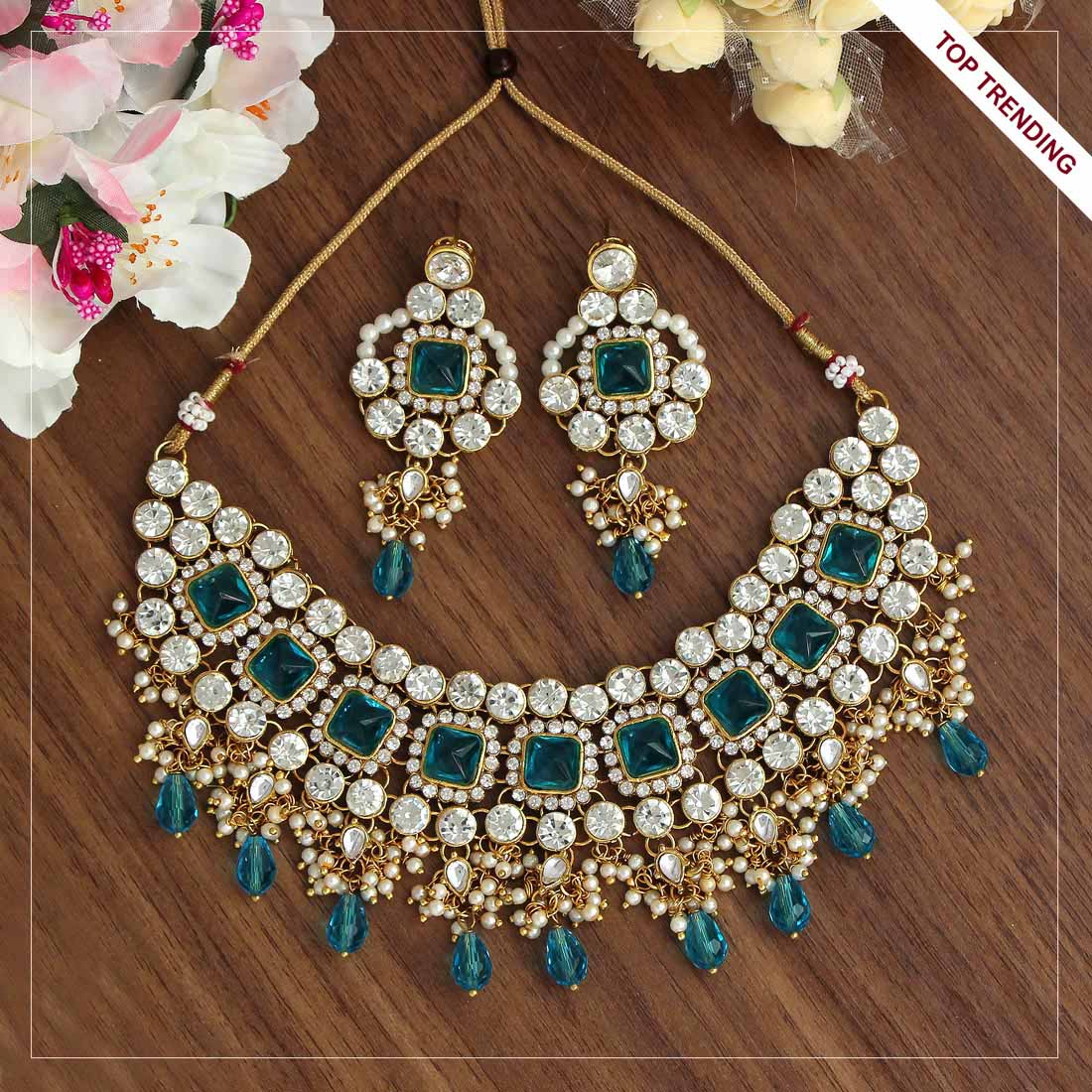 Firozi Color Necklace With Earrings (KN827FRZ)