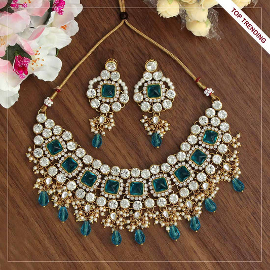 Firozi Color Necklace With Earrings (KN827FRZ)