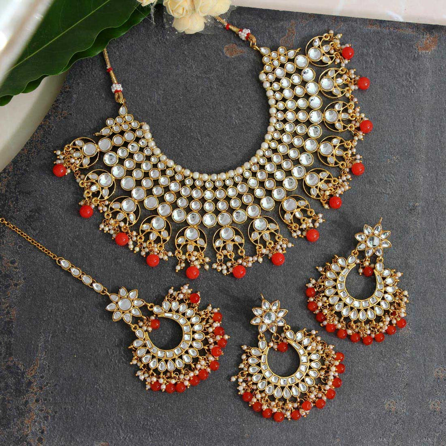 Orange Color Kundan Necklace Set (KN829ORG)