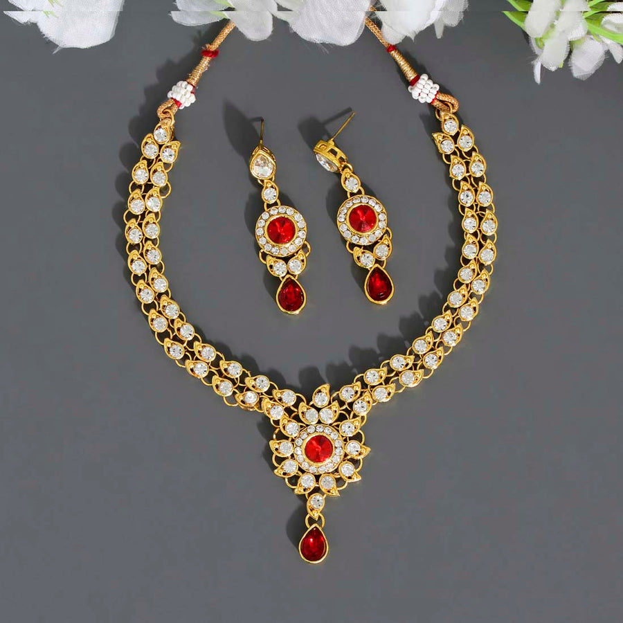 Red Color Kundan Necklace Set (KN838RED)