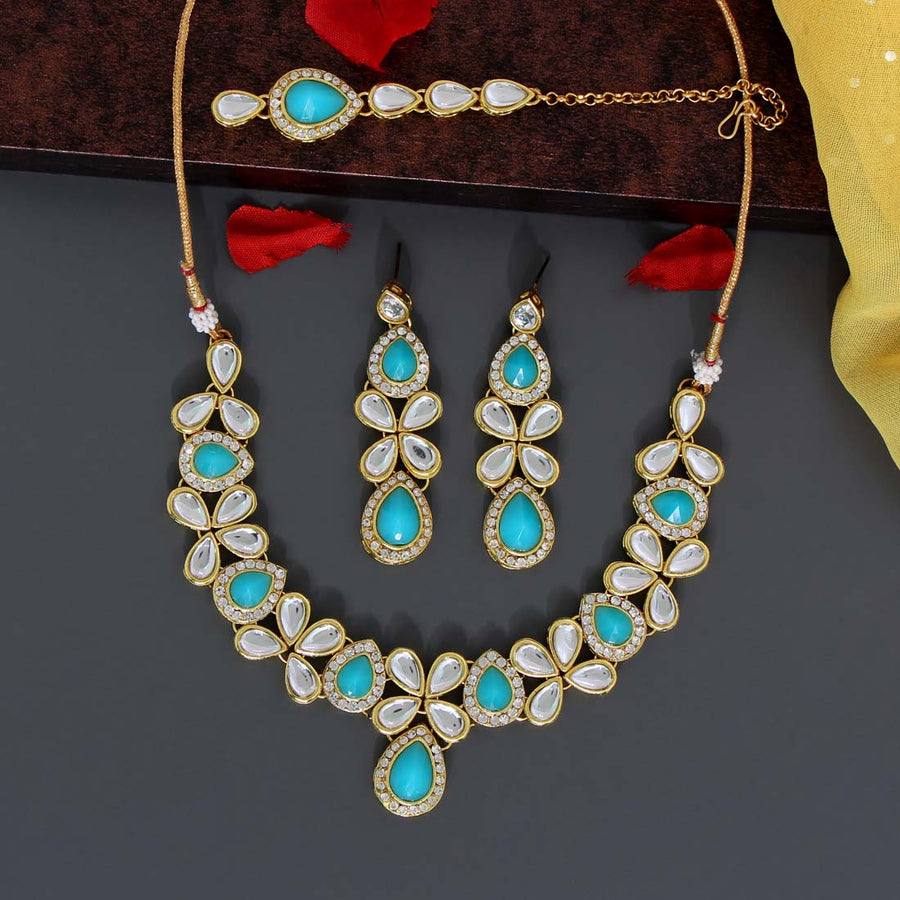 Firozi Color Kundan Necklace Set (KN848FRZ)