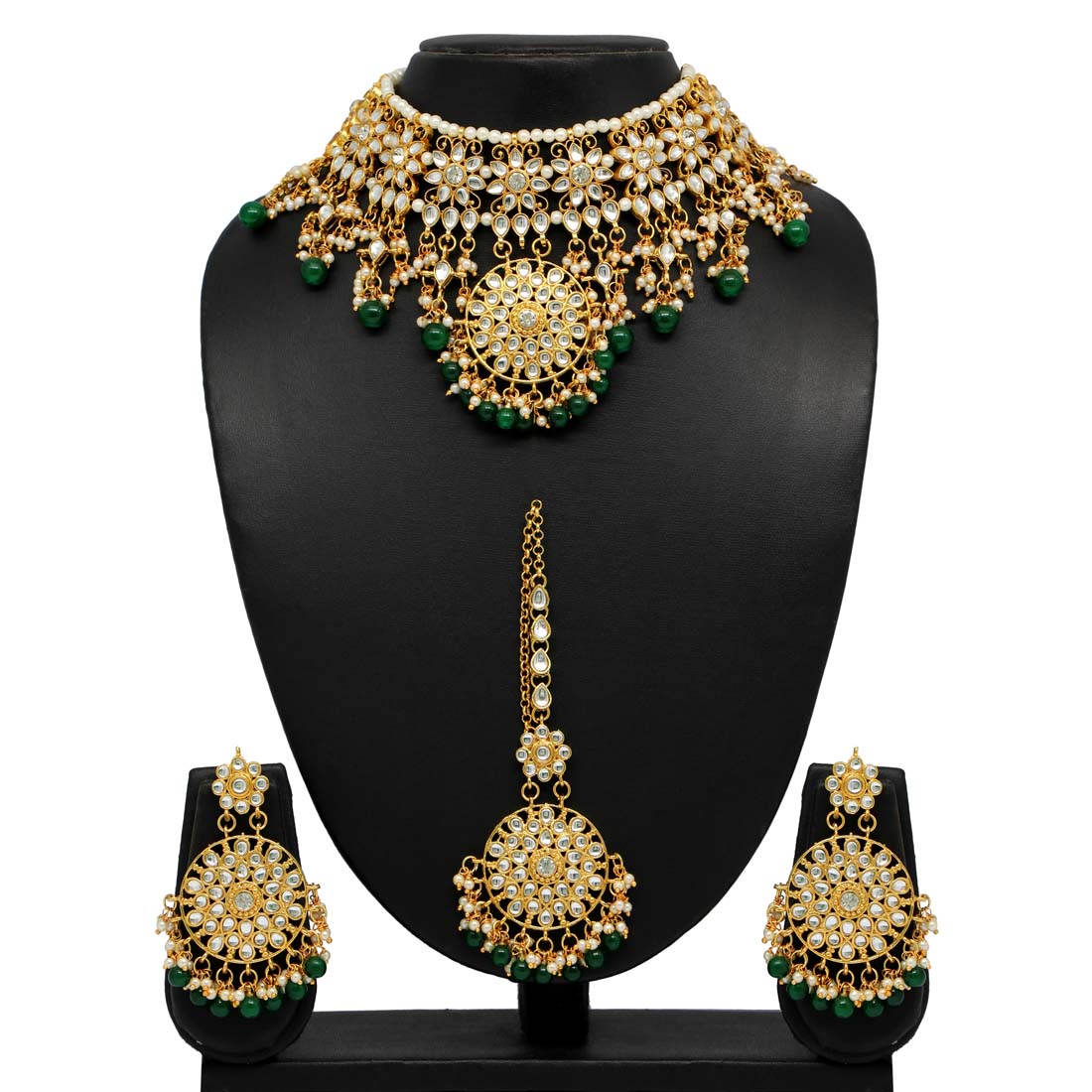 Green Color Kundan Necklace Set (KN858GRN)