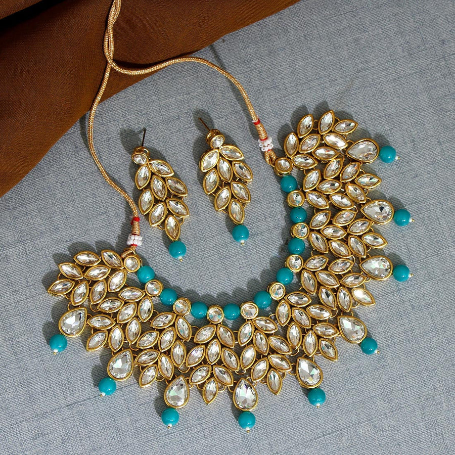 Firozi Color Kundan Necklace Set (KN859FRZ)