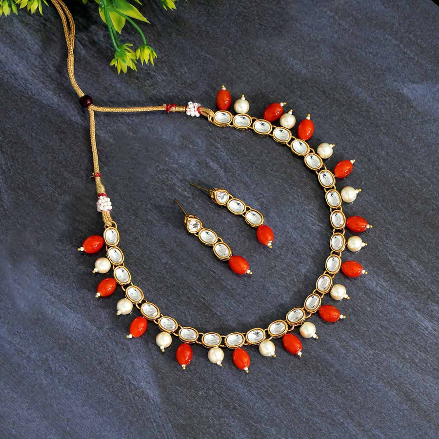 Orange Color Kundan Necklace Set (KN861ORG)
