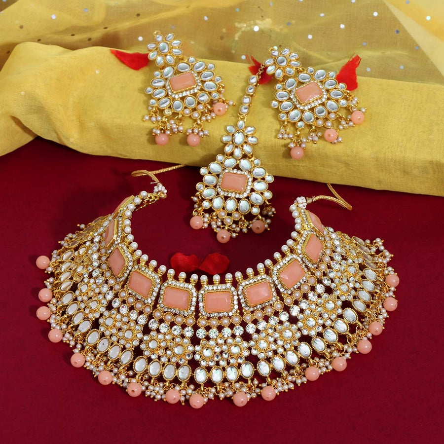 Peach Color Kundan Necklace Set (KN863PCH)