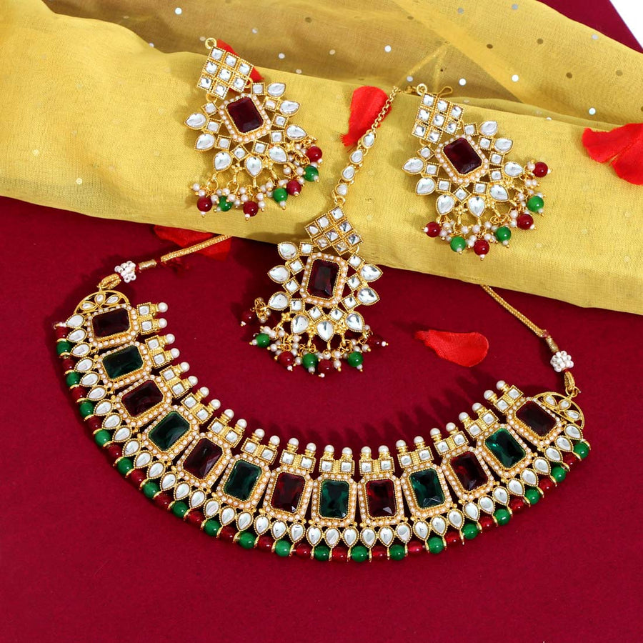Maroon & Green Color Kundan Necklace Set (KN864MG)
