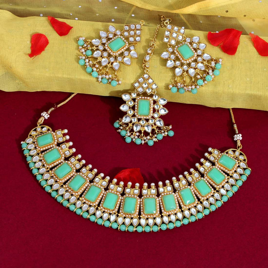Parrot Green Color Kundan Necklace Set (KN864PGRN)