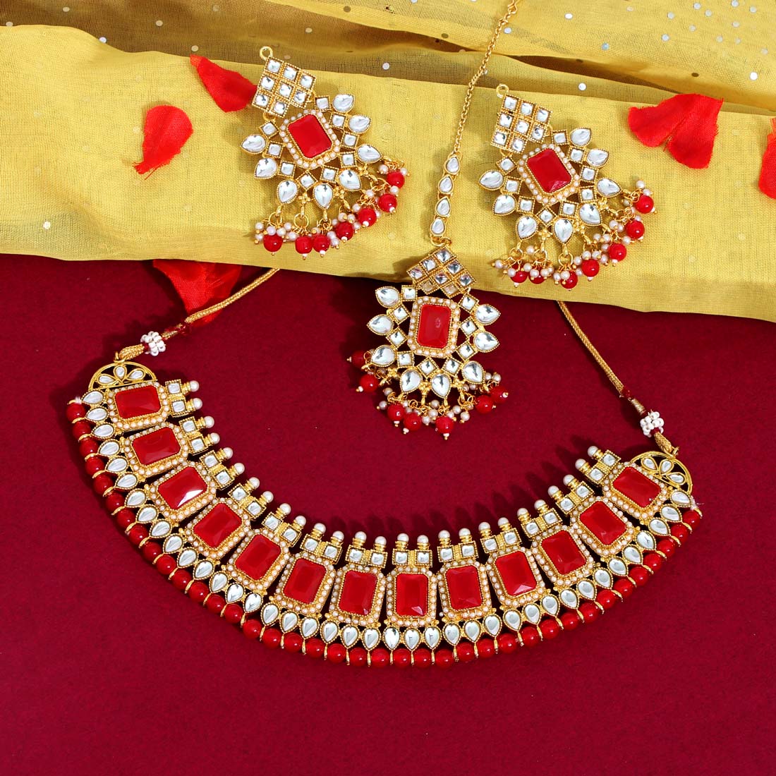 Red Color Kundan Necklace Set (KN864RED)