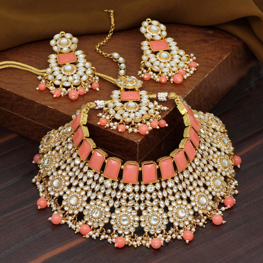 Dark Peach Color Kundan Necklace Set (KN888DPCH)