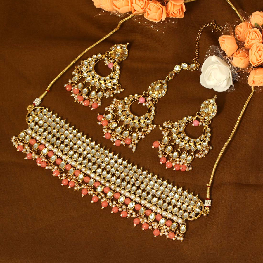 Dark Peach Color Kundan Choker Necklace Set (KN892DPCH)