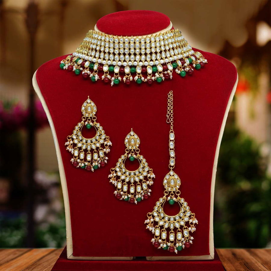 Maroon & Green Color Kundan Choker Necklace Set (KN892MG)