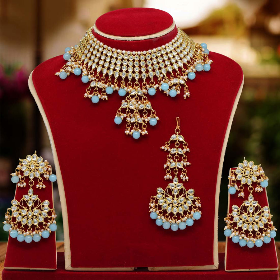 Firozi Color Kundan Necklace Set (KN894FRZ)