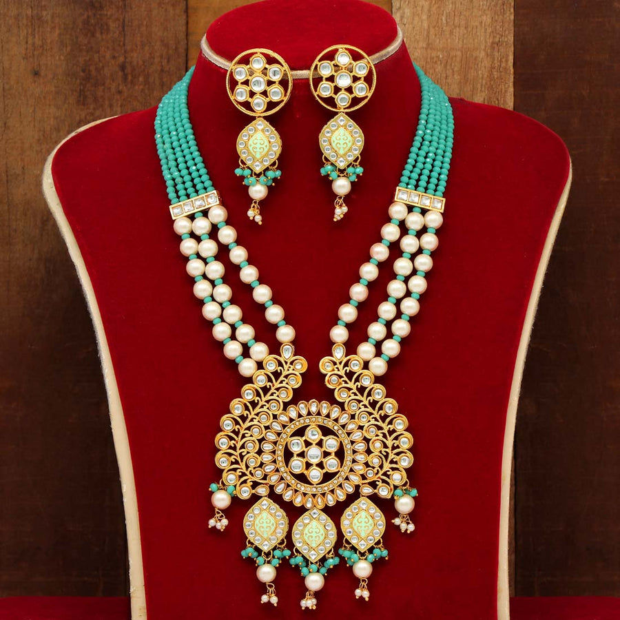Rama Green Color Kundan Meena Necklace Set (KN937RGRN)