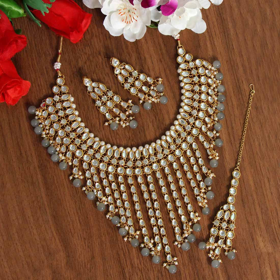 Grey Color Kundan Necklace Set (KN983GRY)