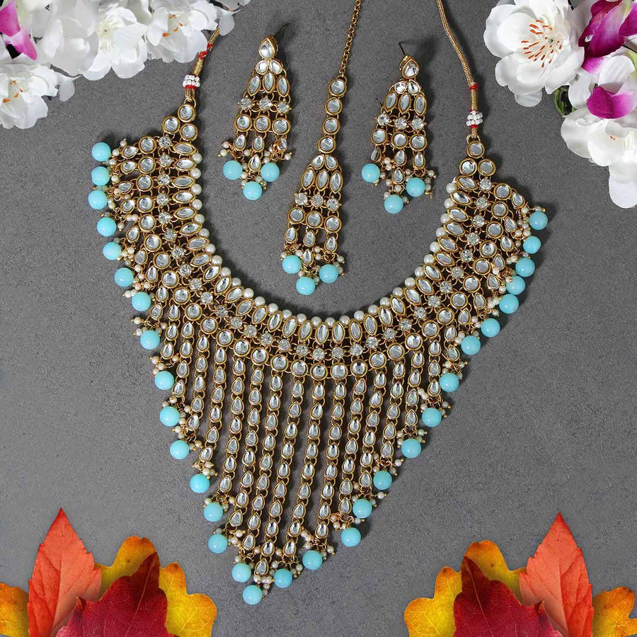 Sky Blue Color Kundan Necklace Set (KN983SBLU)