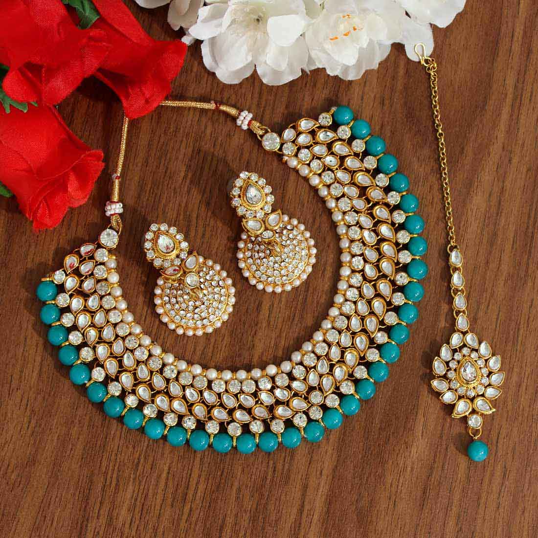 Firozi Color Kundan Necklace Set (KN995FRZ)