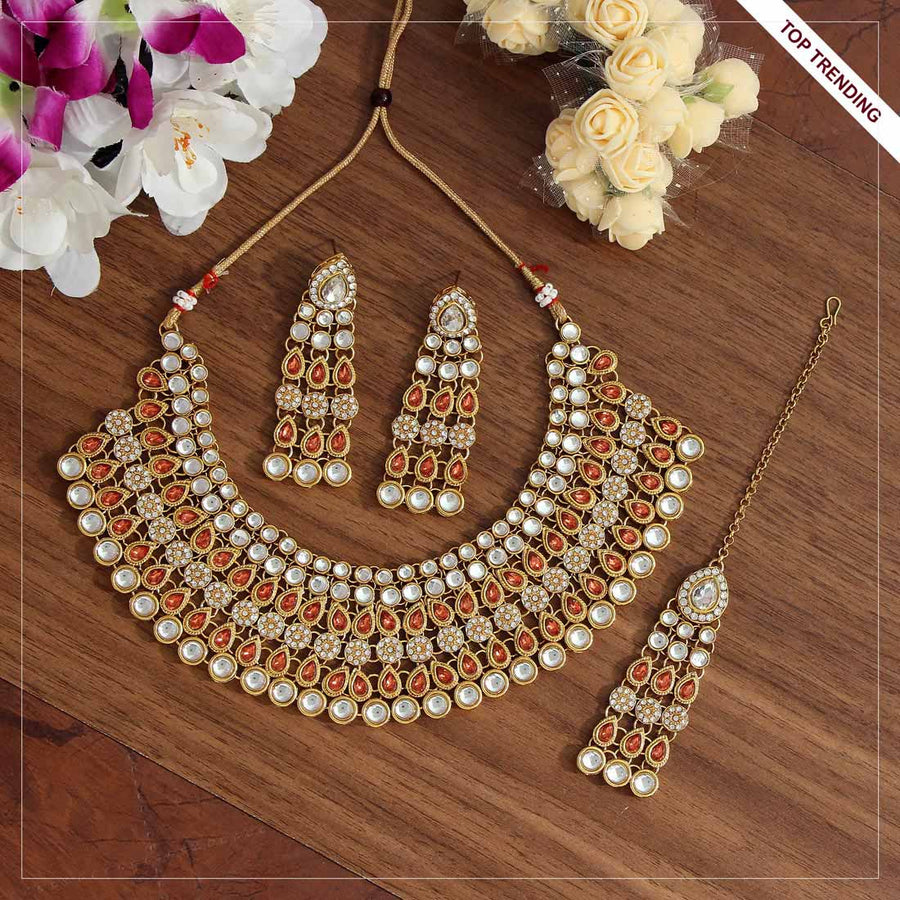 Dark Peach Color Kundan Necklace Set (KN997DPCH)
