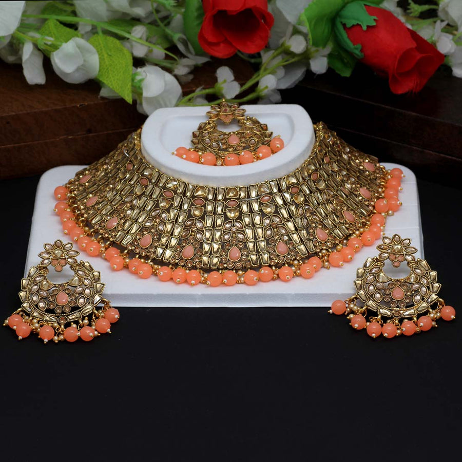Peach Color Kundan Polki Choker Necklace Set (KPN155PCH)