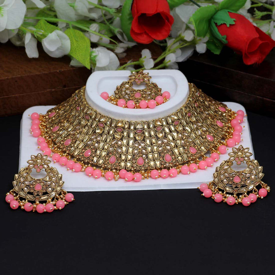 Pink Color Kundan Polki Choker Necklace Set (KPN155PNK)