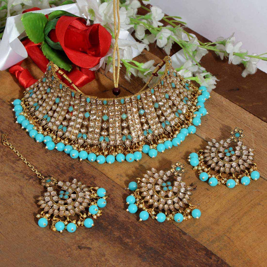 Firozi Color Kundan Polki Choker Necklace Set (KPN157FRZ)