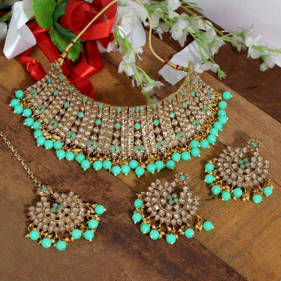 Pista Green Color Kundan Polki Choker Necklace Set (KPN157PGRN)