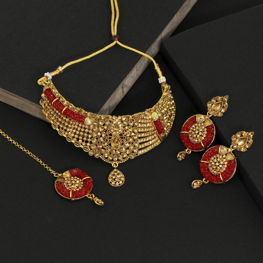 Maroon Color Kundan Polki Necklace Set (KPN164MRN)