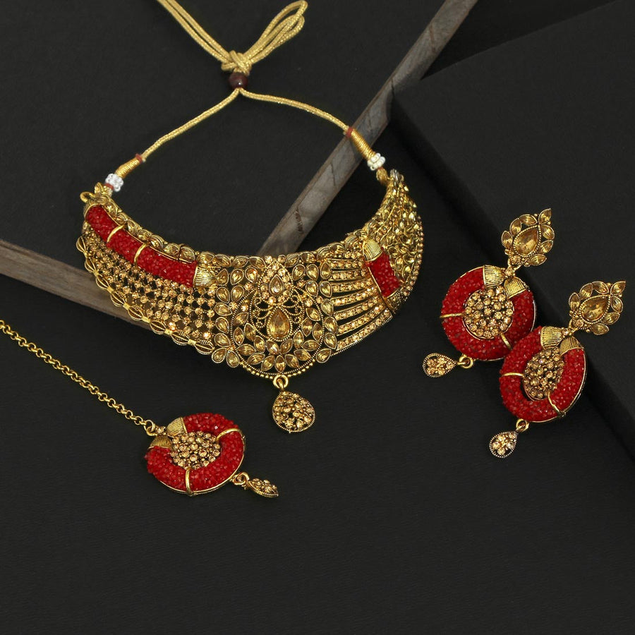 Red Color Kundan Polki Necklace Set (KPN164RED)