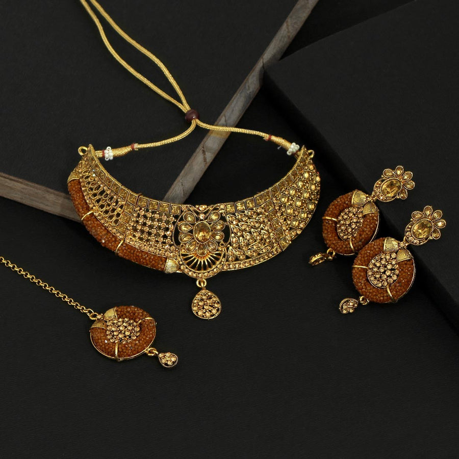 Brown Color Kundan Polki Necklace Set (KPN165BRW)