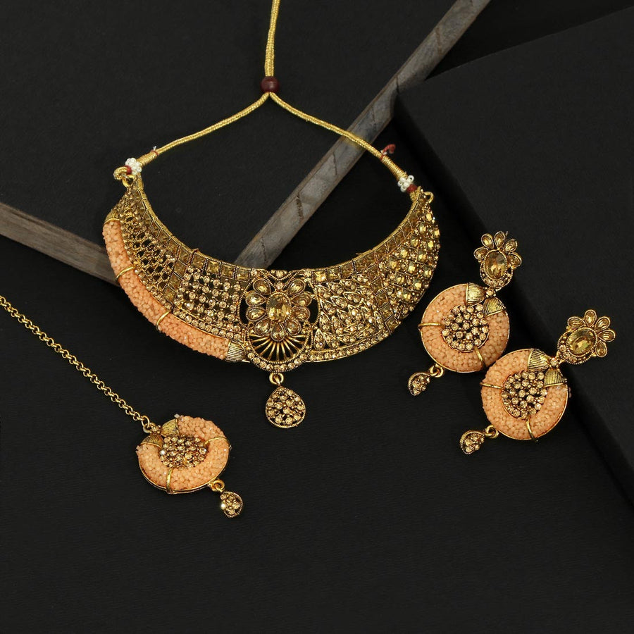 Peach Color Kundan Polki Necklace Set (KPN165PCH)
