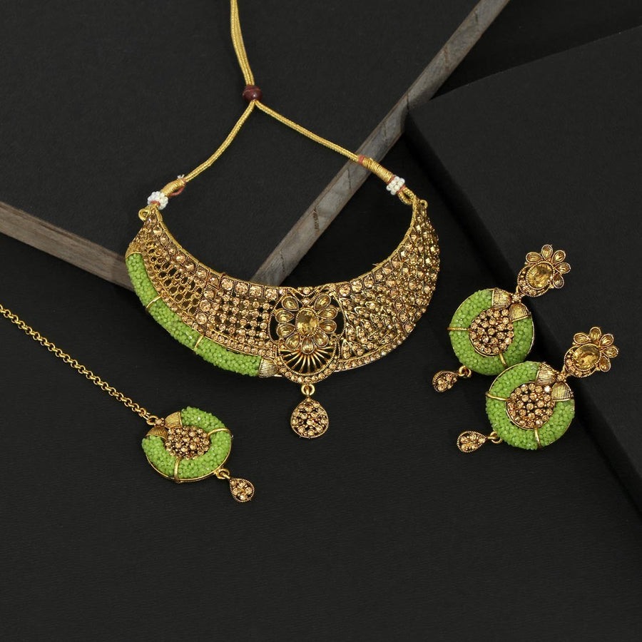 Parrot Green Color Kundan Polki Choker Necklace Set (KPN165PGRN)