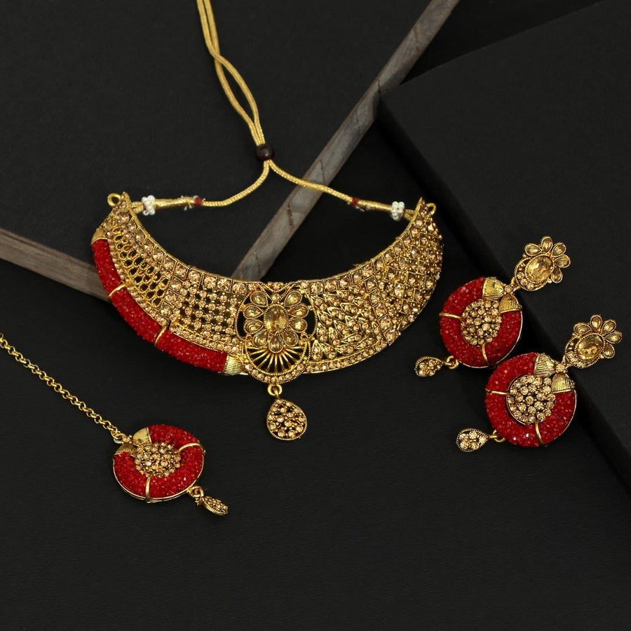 Red Color Kundan Polki Necklace Set (KPN165RED)