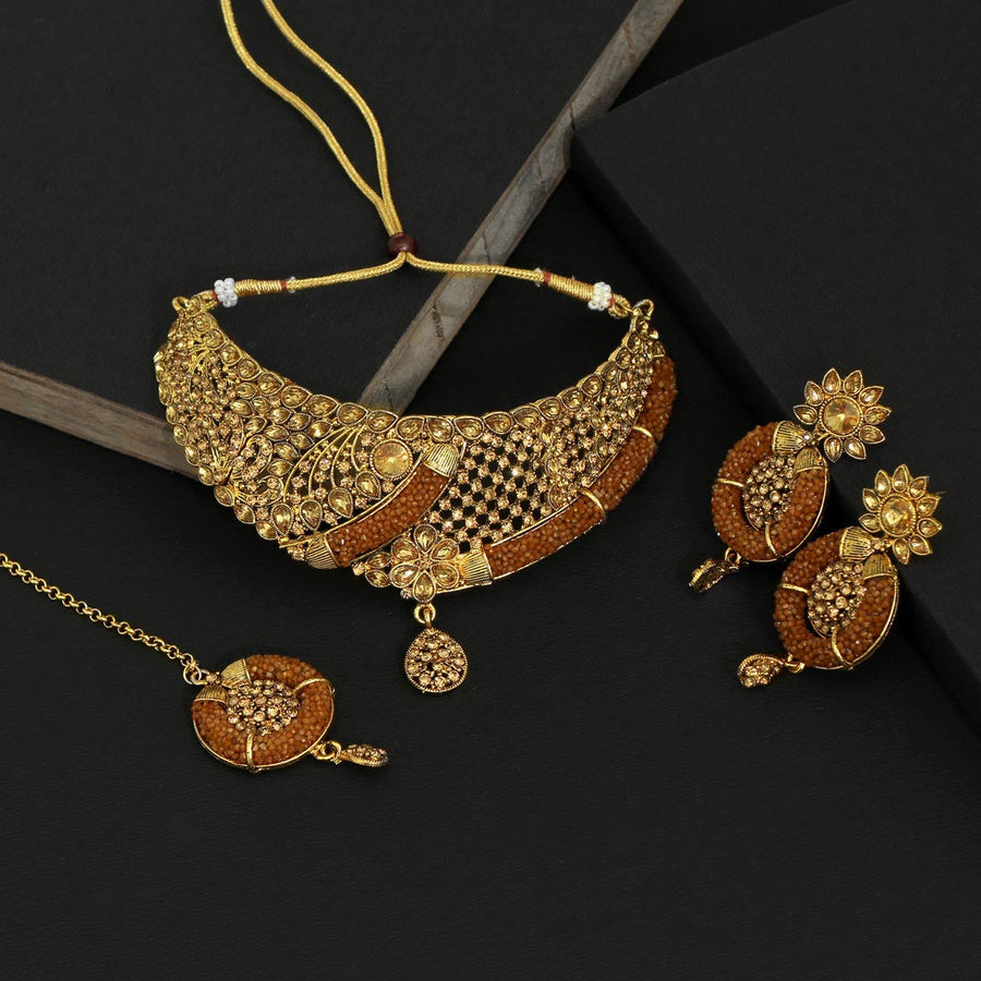 Brown Color Kundan Polki Necklace Set (KPN166BRW)