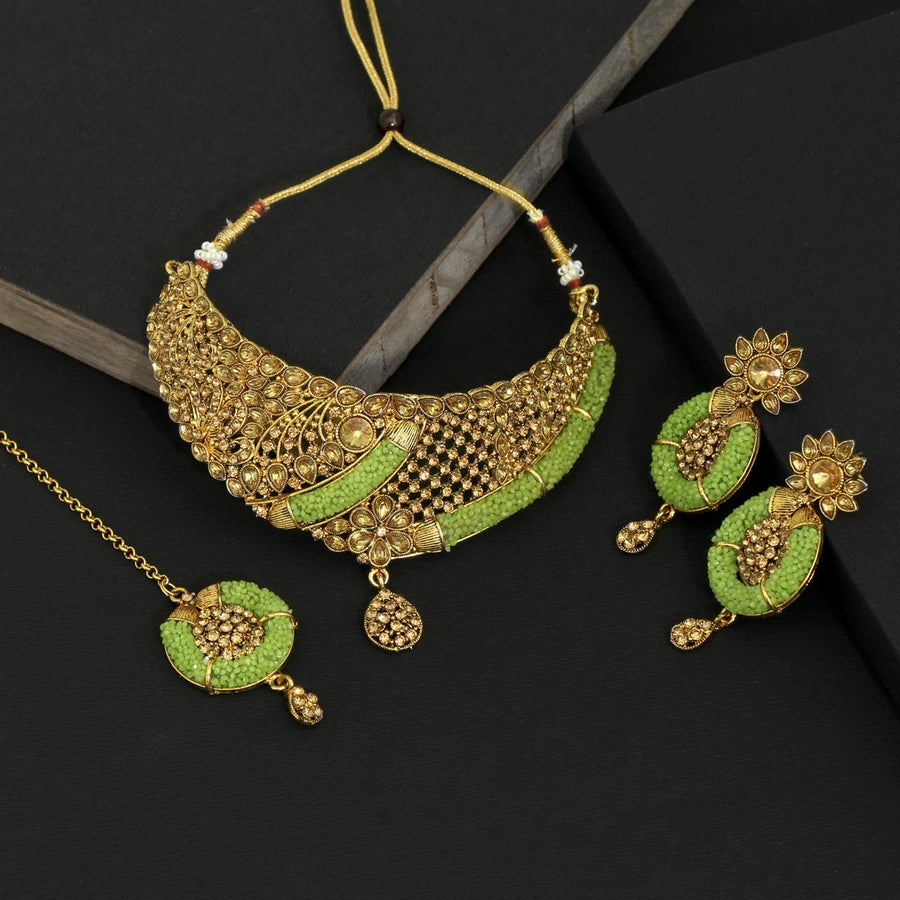 Parrot Green Color Kundan Polki Necklace Set (KPN166PGRN)