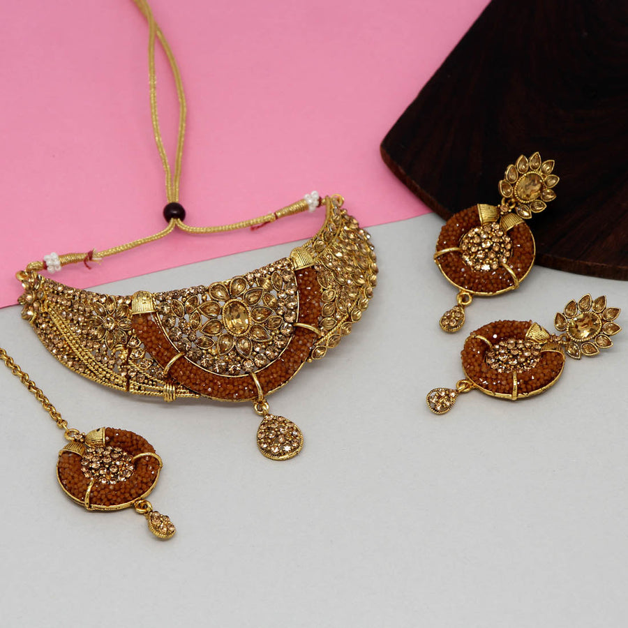 Brown Color Kundan Polki Necklace Set (KPN167BRW)
