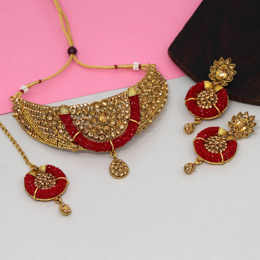 Maroon Color Kundan Polki Necklace Set (KPN167MRN)