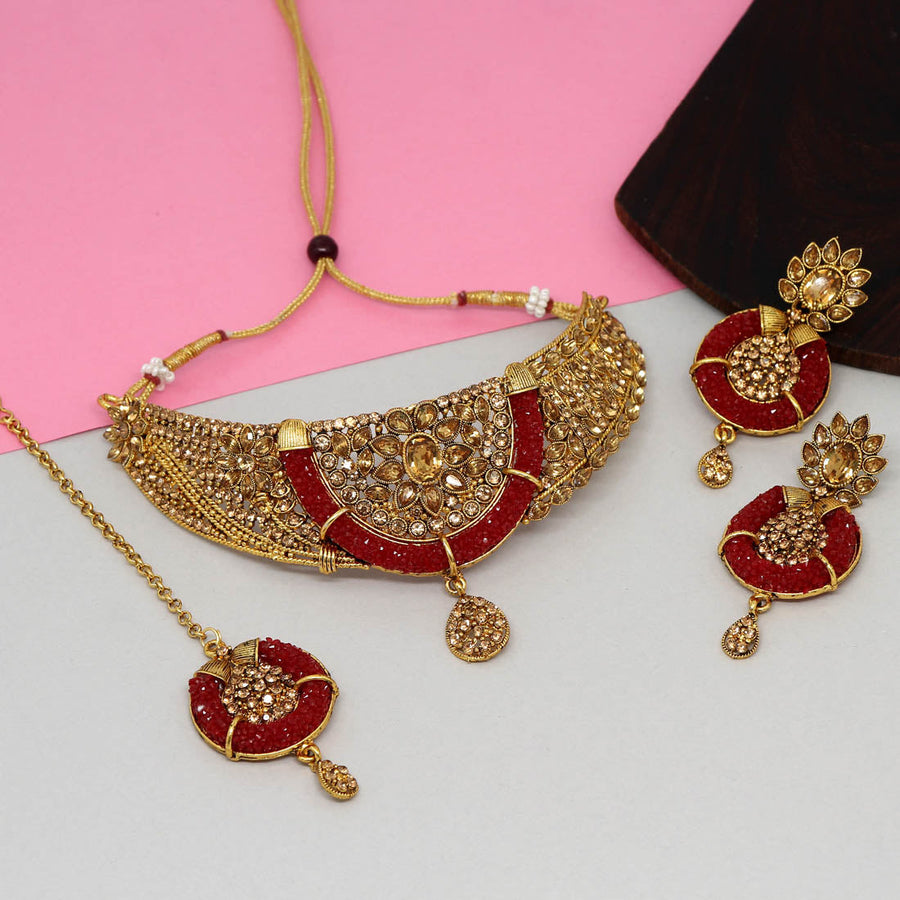 Red Color Kundan Polki Necklace Set (KPN167RED)