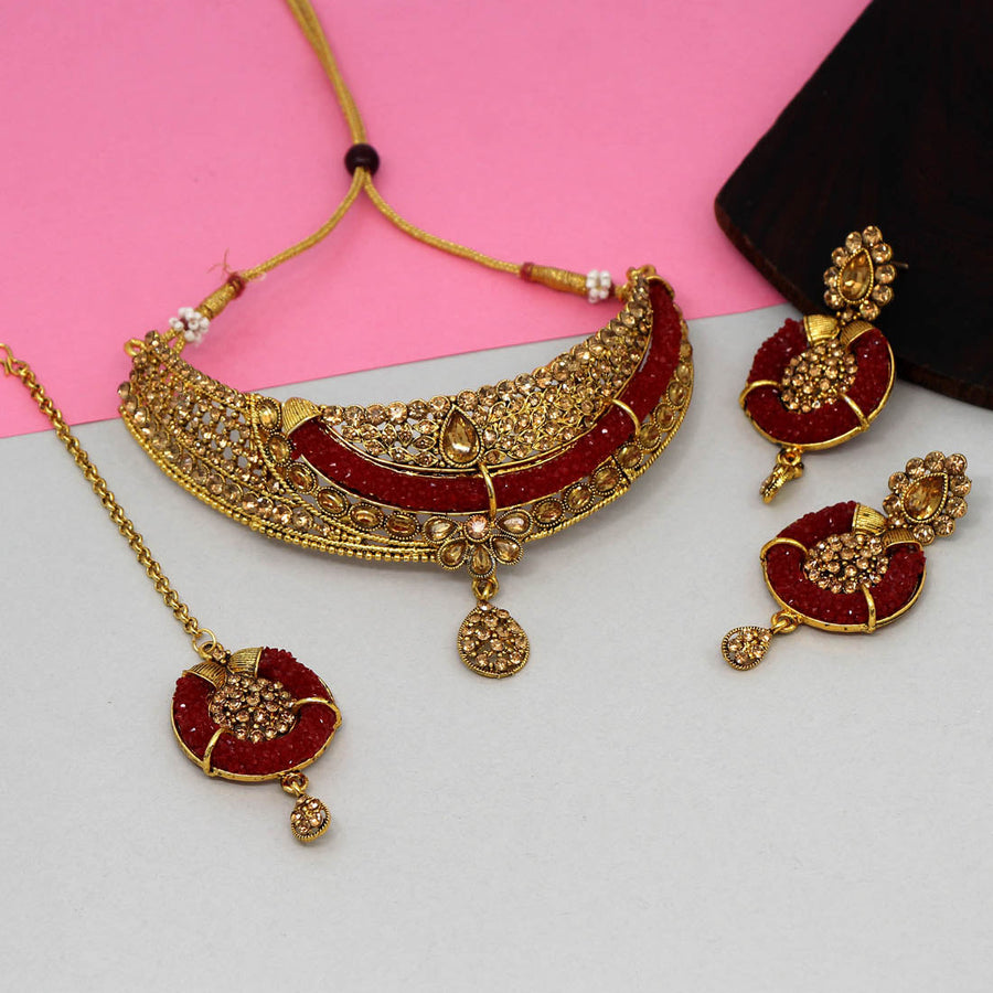 Maroon Color Kundan Polki Necklace Set (KPN168MRN)