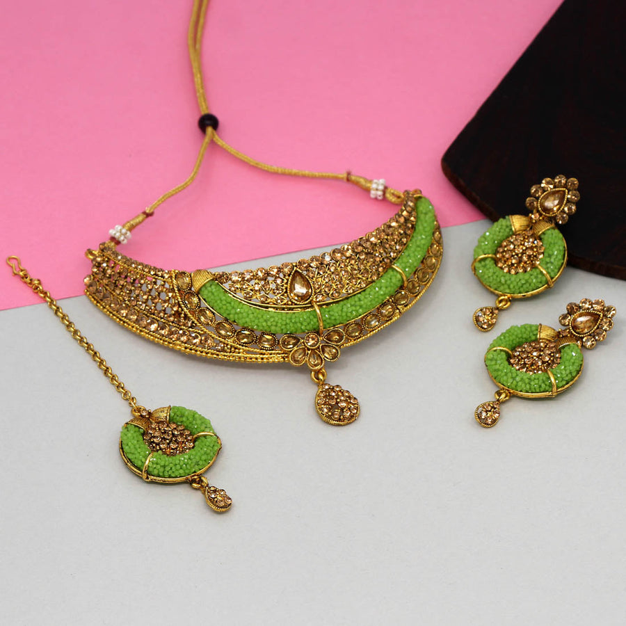 Parrot Green Color Kundan Polki Necklace Set (KPN168PGRN)