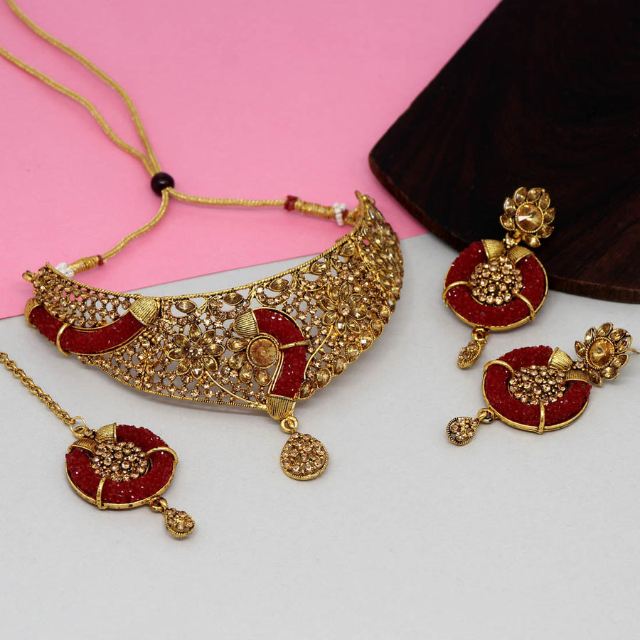 Maroon Color Kundan Polki Necklace Set (KPN169MRN)